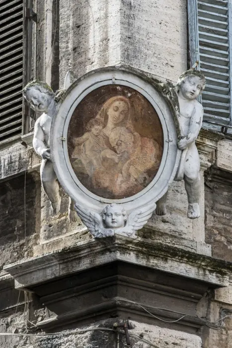 Framed Print : Traditional Madonnella or Madonna painting placed in a buildings corner, Rome, Lazio Framed Print : Traditional Madonnella or Madonna painting placed in a buildings corner, Rome, Lazio