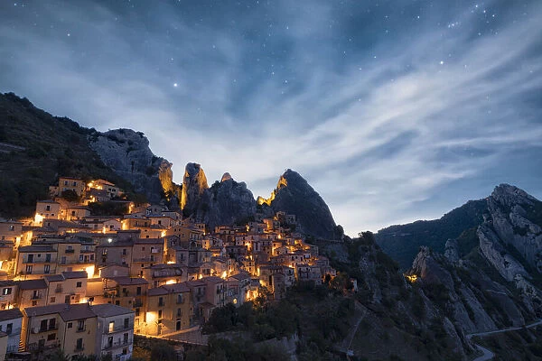 Traditional old houses under the starry night sky, Castelmezzano, Dolomiti Lucane