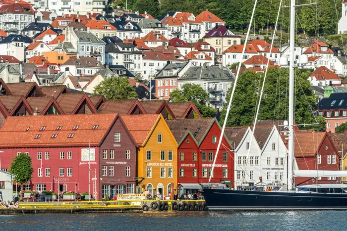 Framed Print : Traditional old timber houses in Bryggen, Bergen, Hordaland County, Norway