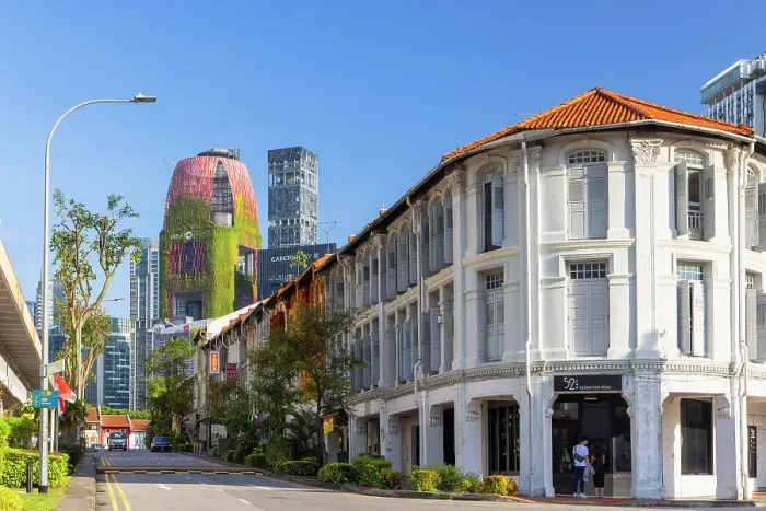 Framed Print : Traditional Peranakan shophouses and Oasia Hotel, Tanjong Pagar, Singapore