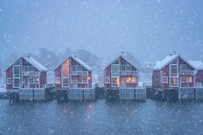 Framed Print : Traditional rorbu under a winter snowfall at dusk, Svolvaer, Lofoten Islands, Nordland, Norway Framed Print : Traditional rorbu under a winter snowfall at dusk, Svolvaer, Lofoten Islands, Nordland, Norway