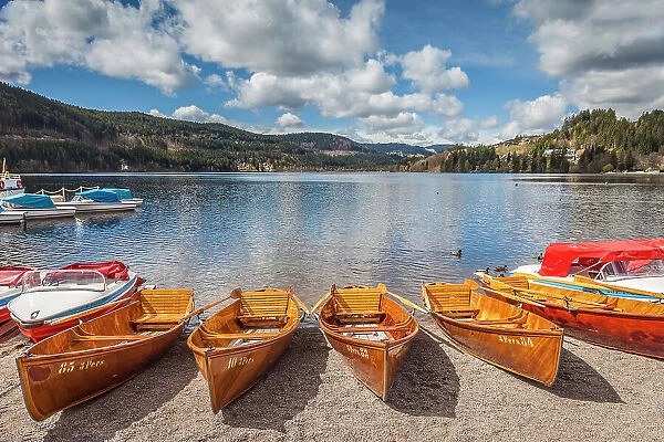 Traditional rowing boats at Lake Titsee, Black Forest, Baden-Wurttemberg, Germany