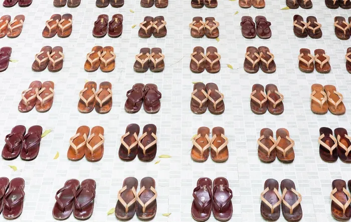 Framed Print : Traditional sandals arranged in neat rows outside a nunnery, Myanmar, (Burma), Asia