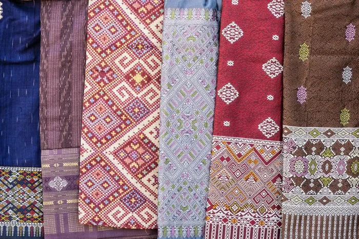 Framed Print : Traditional slik shawls, Pha That Luang, Vientiane (capital city), Laos