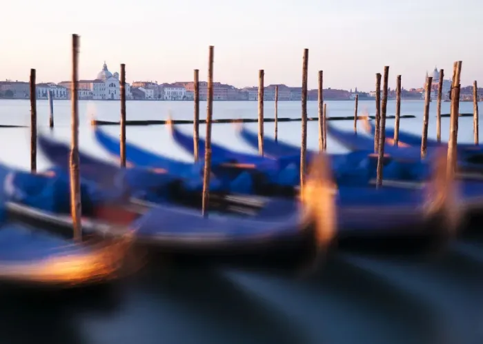 Framed Print : Traditional Venetian gondolas and mooring poles at dawn, Venice, Veneto region, Italy Framed Print : Traditional Venetian gondolas and mooring poles at dawn, Venice, Veneto region, Italy