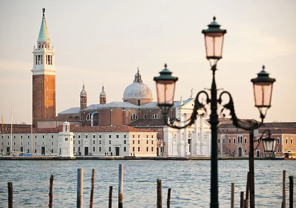 Traditional Venetian lamp with San Giorgio Maggiore in the background, Venice, Veneto