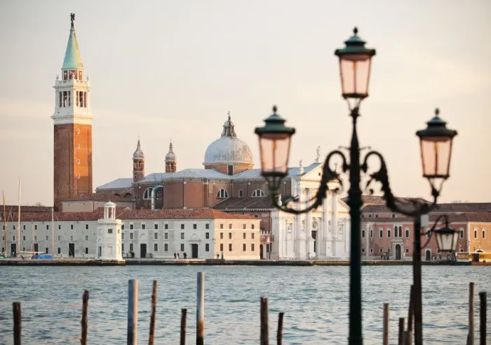 Framed Print : Traditional Venetian lamp with San Giorgio Maggiore in the background, Venice, Veneto