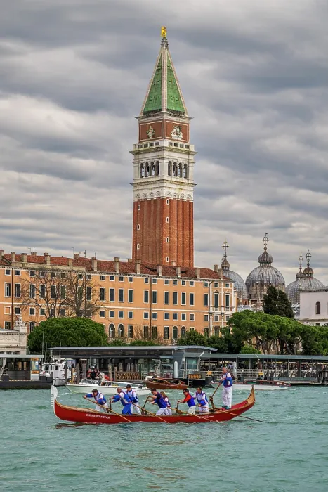 Framed Print : Traditional Venetian rowboat on Grand Canal with St Mark's Campanile in the background, Venice, Veneto, Italy Framed Print : Traditional Venetian rowboat on Grand Canal with St Mark's Campanile in the background, Venice, Veneto, Italy
