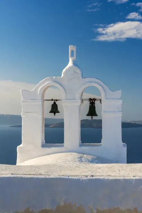 Framed Print : Traditional white belfry, Oia, Santorini, South Aegean, Greece