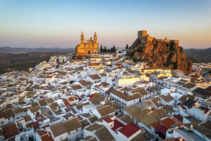 Framed Print : Traditional white village of Olvera with the cathedral and the castle seen at sunrise, drone picture, Andalusia, Spain Framed Print : Traditional white village of Olvera with the cathedral and the castle seen at sunrise, drone picture, Andalusia, Spain