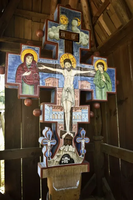 Framed Print : Traditional wooden crossroad crucifix, Sibiel, Sibiu county