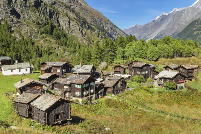 Framed Print : Traditional wooden houses in Furi near Zermatt, Valais, Swiss Alps, Switzerland