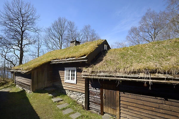 Traditional wooden houses with grass rooftops at Hordamuseet, an open-air museum at Fana