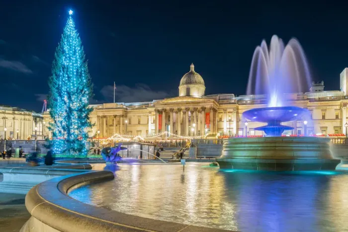 Framed Print : Trafalgar Square illuminated at night at Christmas, London, England, UK Framed Print : Trafalgar Square illuminated at night at Christmas, London, England, UK