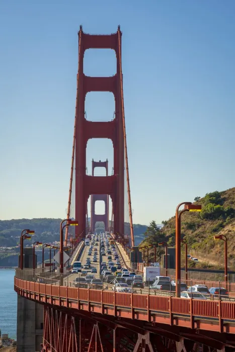 Framed Print : Traffic on famous Golden Gate Bridge against clear sky, San Francisco