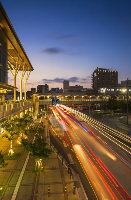 Framed Print : Traffic passing Asahibashi monorail station in downtown Naha, Okinawa, Japan Framed Print : Traffic passing Asahibashi monorail station in downtown Naha, Okinawa, Japan
