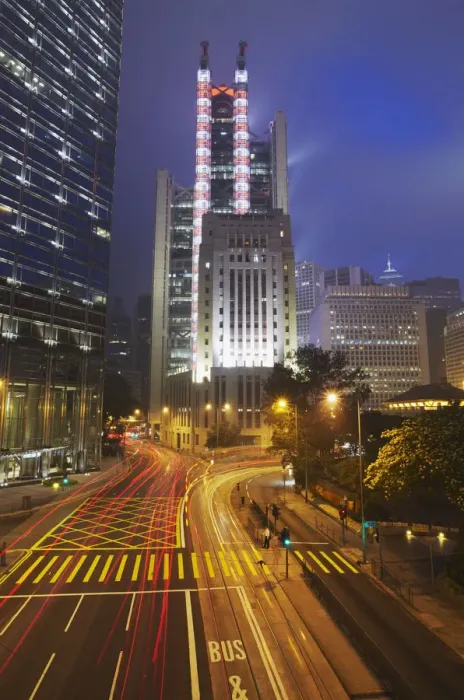 Framed Print : Traffic passing along Queens Road Central with HSBC building in background, Central Framed Print : Traffic passing along Queens Road Central with HSBC building in background, Central