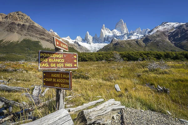Trail direction signs against iconic Fitz Roy mountain, Sendero al Fitz Roy, UNESCO