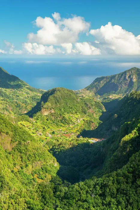 Framed Print : Trail Levada dos Balcoes and distant views of Faial, Santana, Madeira, Portugal