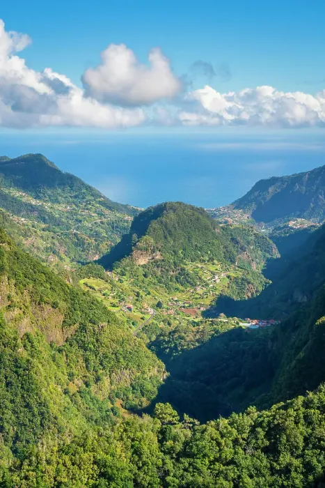Framed Print : Trail Levada dos Balcoes and distant views of Faial, Santana, Madeira, Portugal