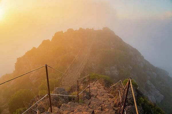 Trail on top of Pico Ruivo mountain at sunset, Santana, Madeira, Portugal