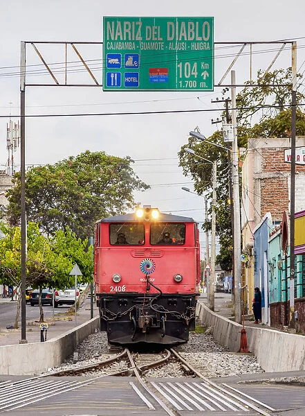 Train arriving at Railway Station in Riobamba, Chimborazo Province, Ecuador
