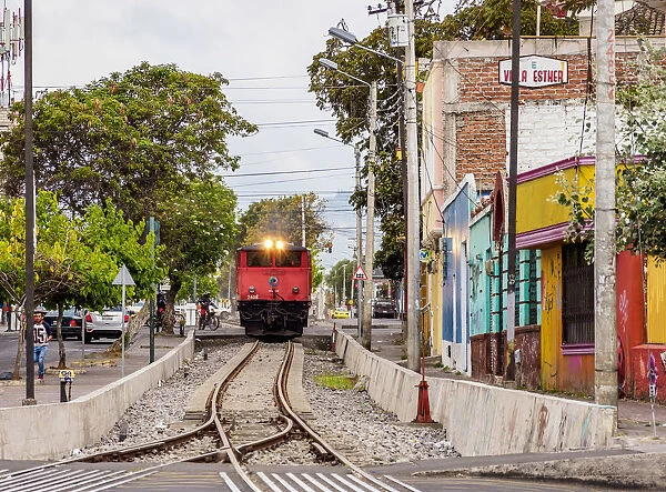 Train arriving at Railway Station in Riobamba, Chimborazo Province, Ecuador