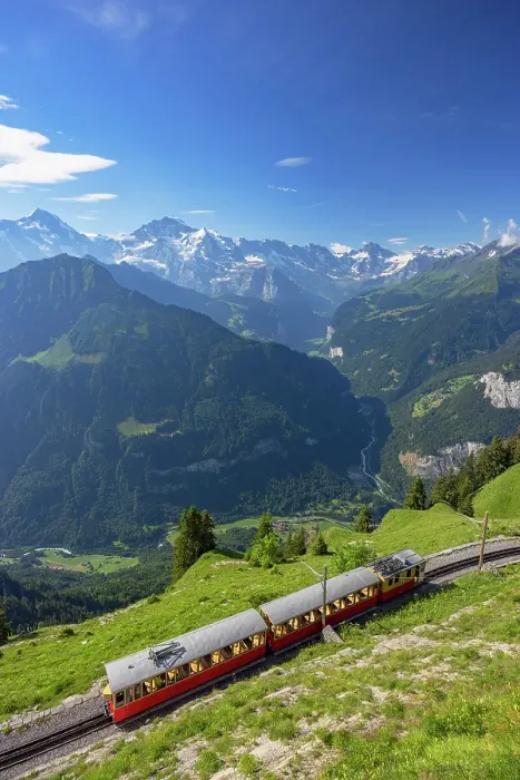 Framed Print : Train of cogwheel railway with Jungfrau and Monch mountains, Schynige Platte, Jungfrau Region, Bernese Oberland, Switzerland