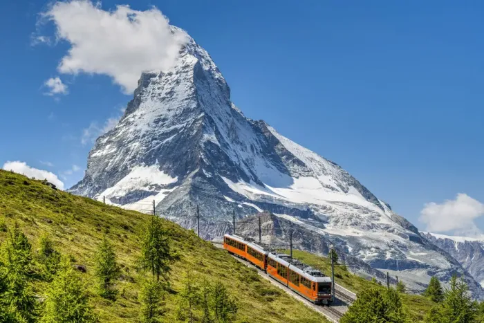 Framed Print : Train along the Gornergrat mountain rack railway with Matterhorn in the foreground Framed Print : Train along the Gornergrat mountain rack railway with Matterhorn in the foreground