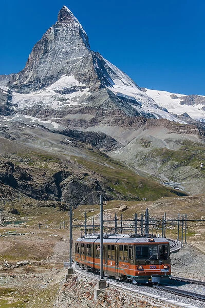 A train of the Gornergratbahn rack railway with Matterhorn behind, Zermatt, Valais