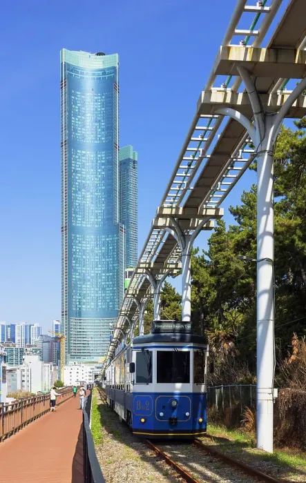 Framed Print : Train of Haeundae Blueline Park and Busan X the Sky skyscraper, Haeundae Beach, Busan, South Korea Framed Print : Train of Haeundae Blueline Park and Busan X the Sky skyscraper, Haeundae Beach, Busan, South Korea