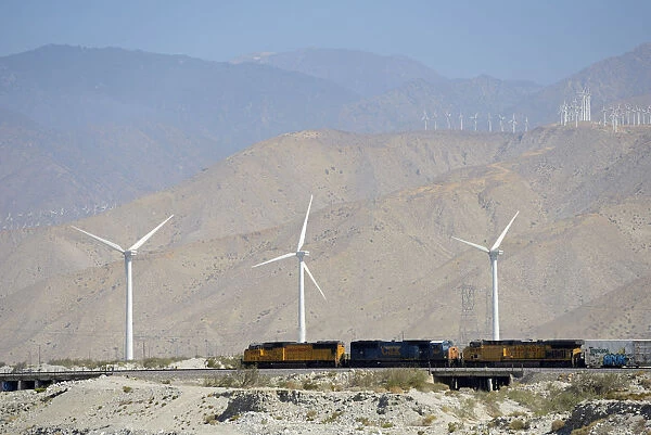 Train and wind mills near Palm Springs, California, USA