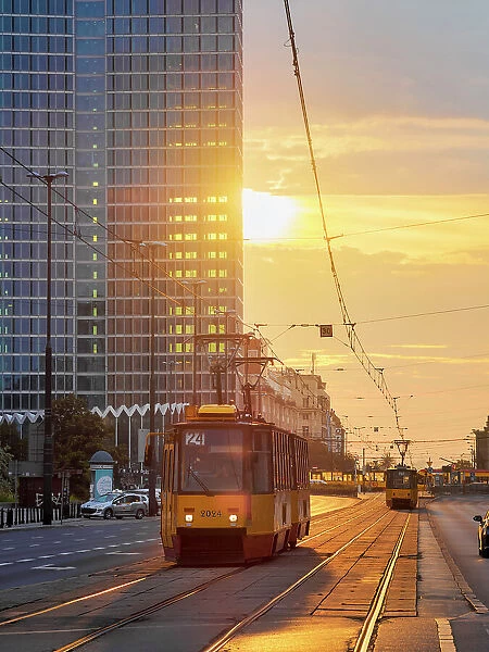 Tram at Jerusalem Avenue, sunrise, Warsaw, Masovian Voivodeship, Poland