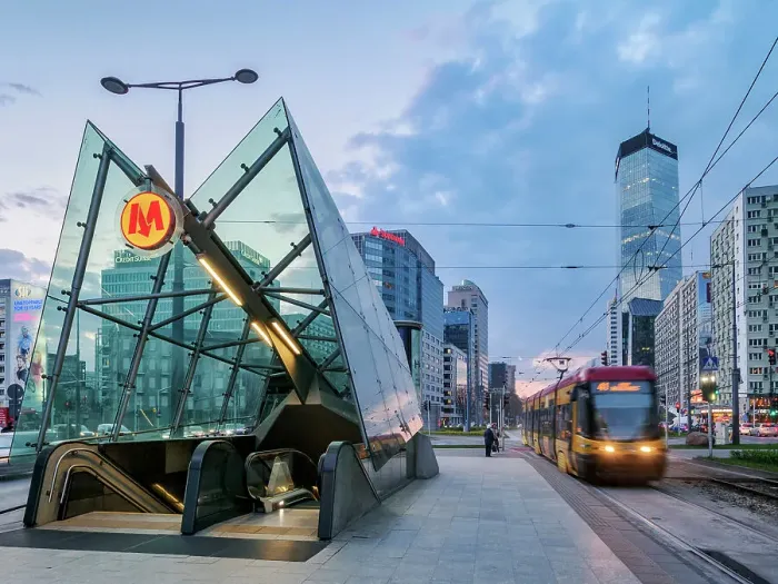 Framed Print : Tram and Metro Station Entrance at Rondo ONZ, United Nations Roundabout, dusk, Warsaw, Masovian Voivodeship, Poland Framed Print : Tram and Metro Station Entrance at Rondo ONZ, United Nations Roundabout, dusk, Warsaw, Masovian Voivodeship, Poland