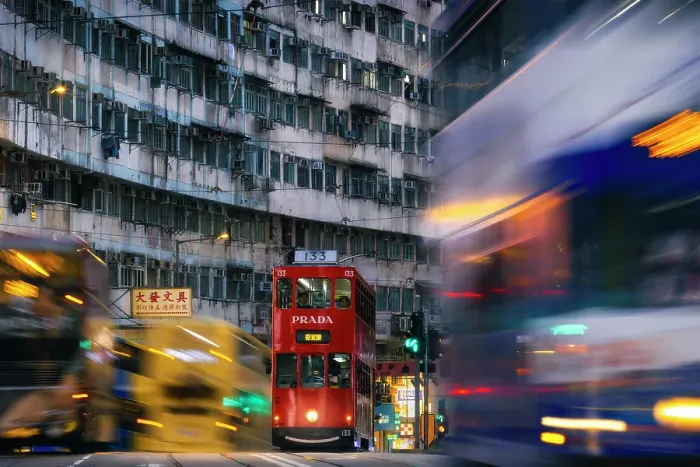 Framed Print : Tram and Monster Buildings at rush hour, Quarry Bay. Hong Kong, China, Asia Framed Print : Tram and Monster Buildings at rush hour, Quarry Bay. Hong Kong, China, Asia