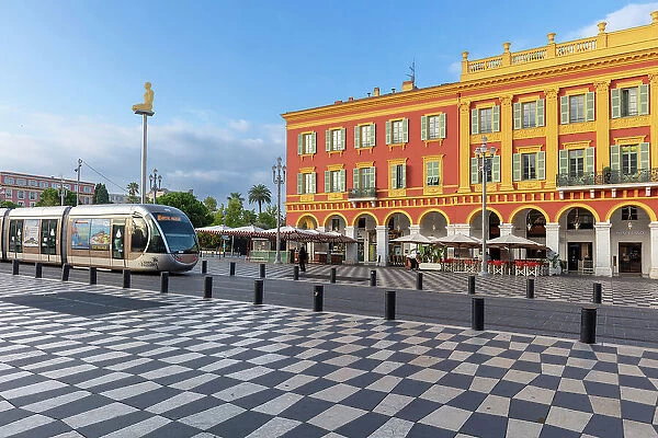 A tram passes through Place Massena, Nice, Provence-Alpes-Cote d'Azur, France