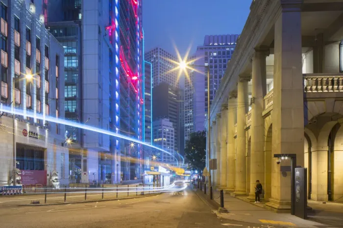 Framed Print : Trams and traffic passing Bank of China Building and HSBC Building, Central, Hong Kong Framed Print : Trams and traffic passing Bank of China Building and HSBC Building, Central, Hong Kong