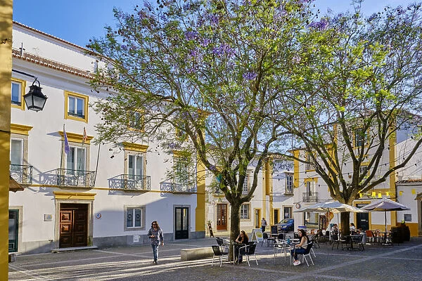 Tranquil little square in the old town of Evora with jacaranda trees