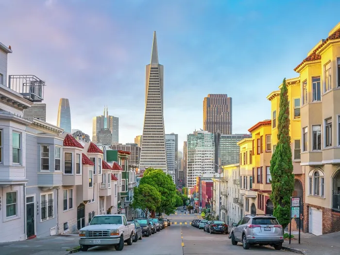 Framed Print : Transamerica Pyramid Building From North Beach at Sunrise with some Fogginess, San Francisco, California, USA