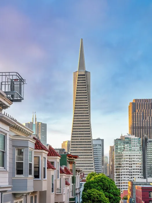 Framed Print : Transamerica Pyramid Building From North Beach at Sunrise with some Fogginess, San Francisco, California, USA