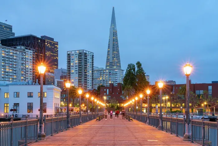 Framed Print : Transamerica Pyramid seen from illuminated Pier 7 at twilight, San Francisco, San Francisco Peninsula, San Francisco Bay Area, California, USA