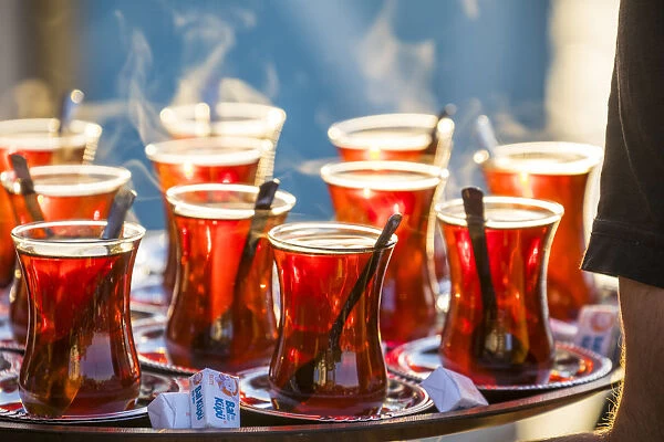 Tray containing glasses of tea, Istanbul, Turkey
