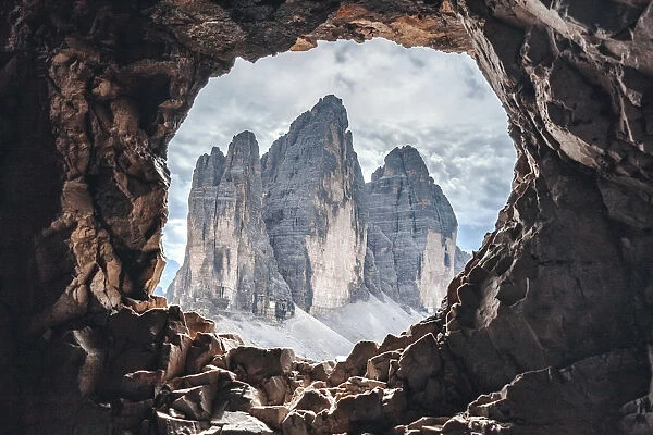 Tre Cime di Lavaredo (Drei Zinnen) views from a hole in the rock of the First World War