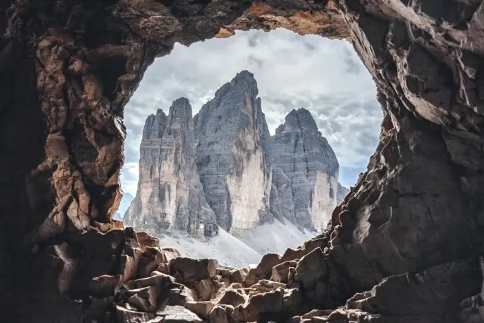 Framed Print : Tre Cime di Lavaredo (Drei Zinnen) views from a hole in the rock of the First World War