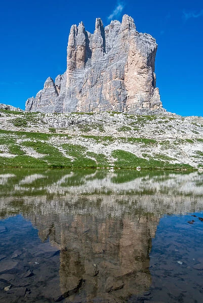 Tre Cime di Lavaredo mirrored, Auronzo, Cadore, Dolomites, Veneto, Italy, Europe