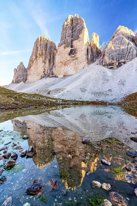 Framed Print : Tre Cime di Lavaredo peaks mirrored in the pristine Grava Longa lakes at sunset, Sesto Dolomites Natural Park, South Tyrol, Italy Framed Print : Tre Cime di Lavaredo peaks mirrored in the pristine Grava Longa lakes at sunset, Sesto Dolomites Natural Park, South Tyrol, Italy