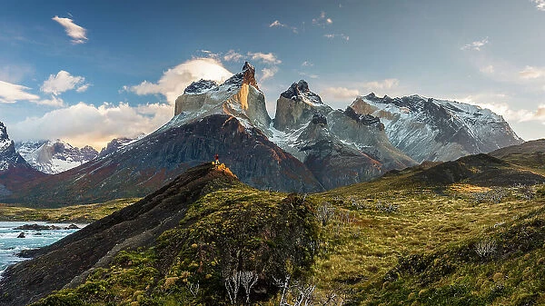 Trekker and Cuernos del Paine, Torres del Paine National Park, Patagonia, Chile