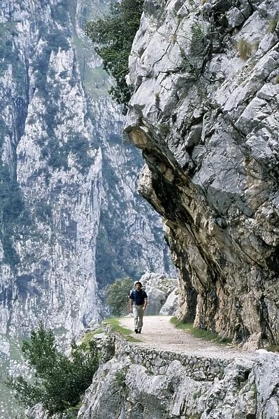 Trekker walks the trail through the Cares Gorge