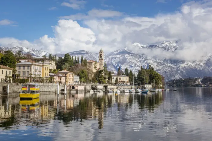 Framed Print : Tremezzo, Como, Lombardy, Italy. Village of Tremezzo in winter time with pristine Framed Print : Tremezzo, Como, Lombardy, Italy. Village of Tremezzo in winter time with pristine