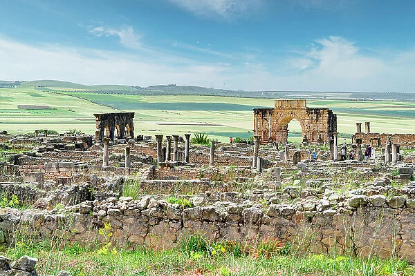 Triumphal Arch of Caracalla at Volubilis and old roman ruins, Volubilis, Meknes, Morocco